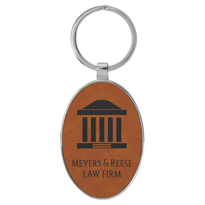 Personalized Laser Engraved 3" x 1 3/4"  Leatherette/Metal Rawhide Oval Keychain