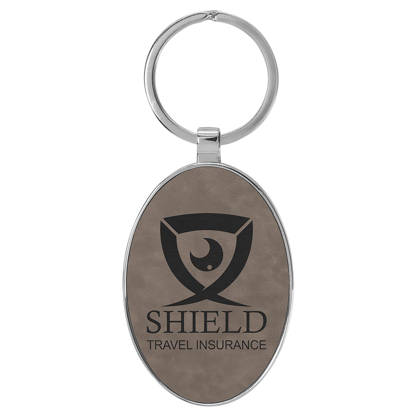  Personalized Laser Engraved 3" x 1 3/4" Leatherette/Metal Gray Oval Keychain