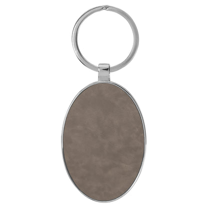 Personalized Laser Engraved 3" x 1 3/4" Leatherette/Metal Gray Oval Keychain