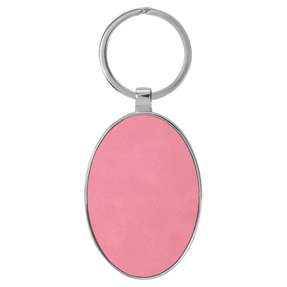 Personalized Laser Engraved 3" x 1 3/4" Leatherette/Metal Pink Oval Keychain