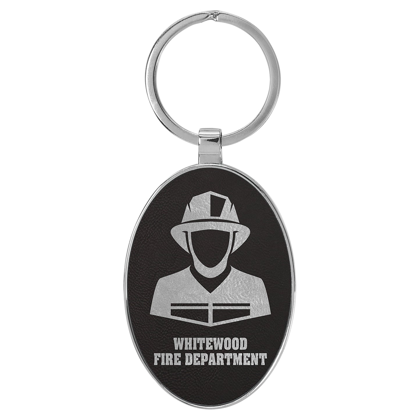  Personalized Laser Engraved 3" x 1 3/4" Leatherette/Metal Black/Silver Oval Keychain