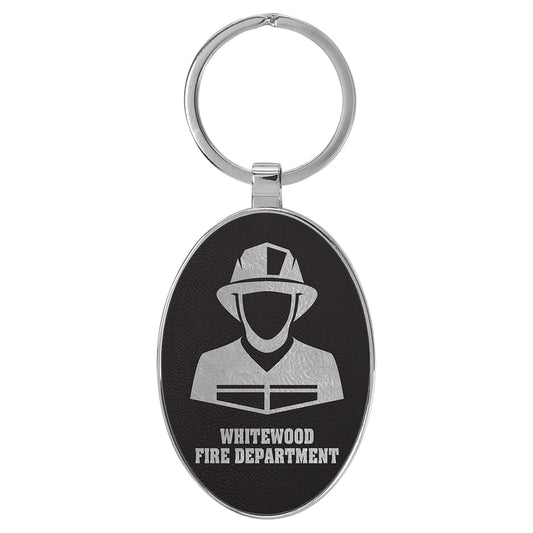  Personalized Laser Engraved 3" x 1 3/4" Leatherette/Metal Black/Silver Oval Keychain