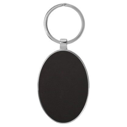 Personalized Laser Engraved 3" x 1 3/4" Leatherette/Metal Black/Silver Oval Keychain