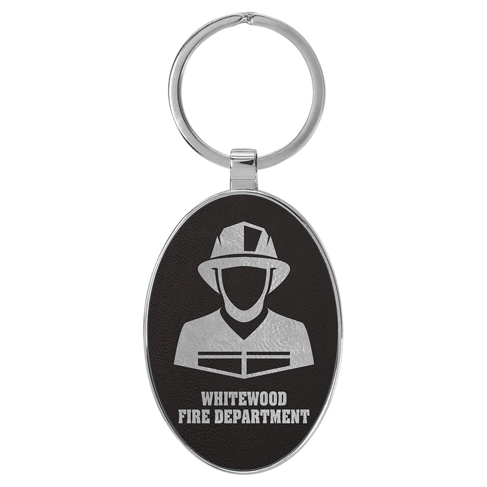 Personalized Laser Engraved 3" x 1 3/4"  Leatherette/Metal Black/Silver Oval Keychain