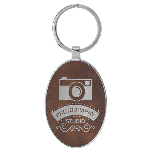  Personalized Laser Engraved 3" x 1 3/4" Leatherette/Metal Rustic/Silver Oval Keychain