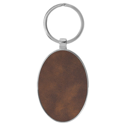 Personalized Laser Engraved 3" x 1 3/4"  Leatherette/Metal Rustic/Silver Oval Keychain