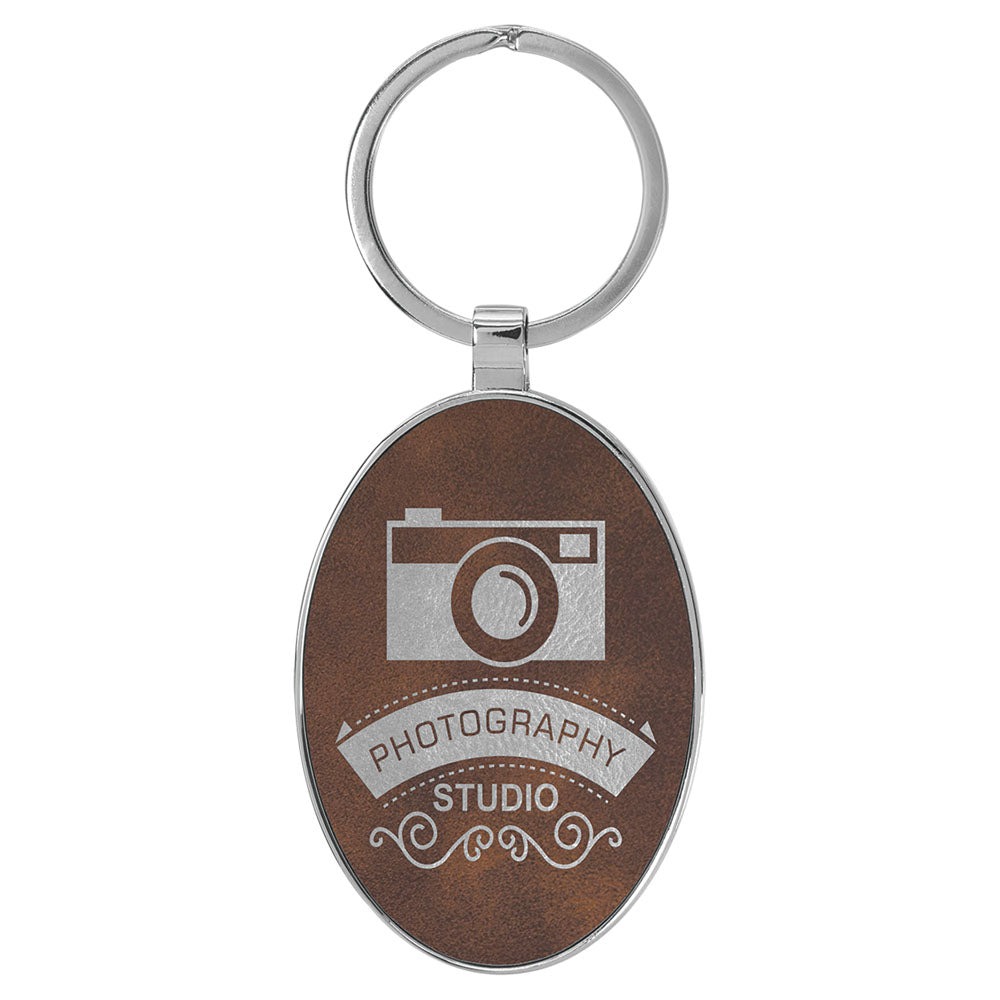 Personalized Laser Engraved 3" x 1 3/4"  Leatherette/Metal Rustic/Silver Oval Keychain