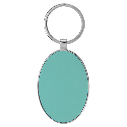 Personalized Laser Engraved 3" x 1 3/4" Leatherette/Metal Teal Oval Keychain