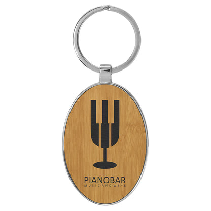  Personalized Laser Engraved 3" x 1 3/4" Leatherette/Metal Bamboo Oval Keychain