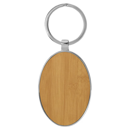 Personalized Laser Engraved 3" x 1 3/4" Leatherette/Metal Bamboo Oval Keychain