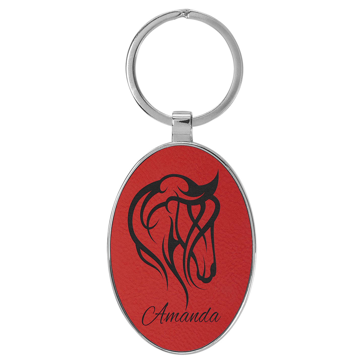  Personalized Laser Engraved 3" x 1 3/4" Leatherette/Metal Red Oval Keychain