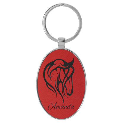  Personalized Laser Engraved 3" x 1 3/4" Leatherette/Metal Red Oval Keychain