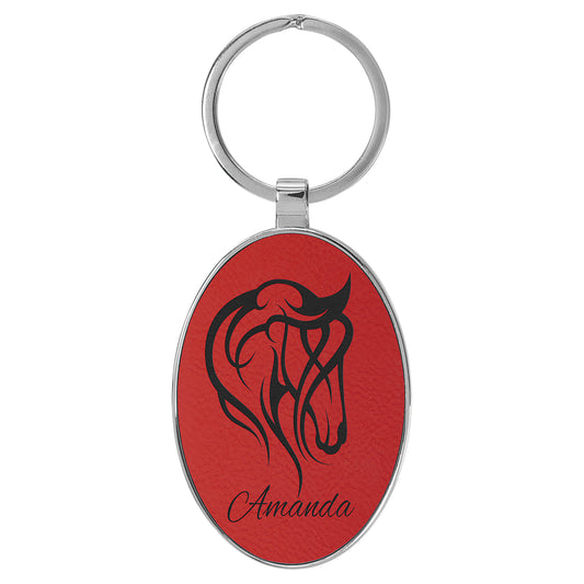  Personalized Laser Engraved 3" x 1 3/4" Leatherette/Metal Red Oval Keychain