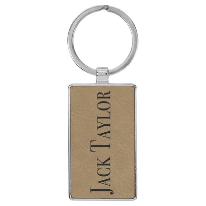  Personalized Laser Engraved 2 3/4" x 1 1/4" Leatherette/Metal Light Brown Rectangle Keychain