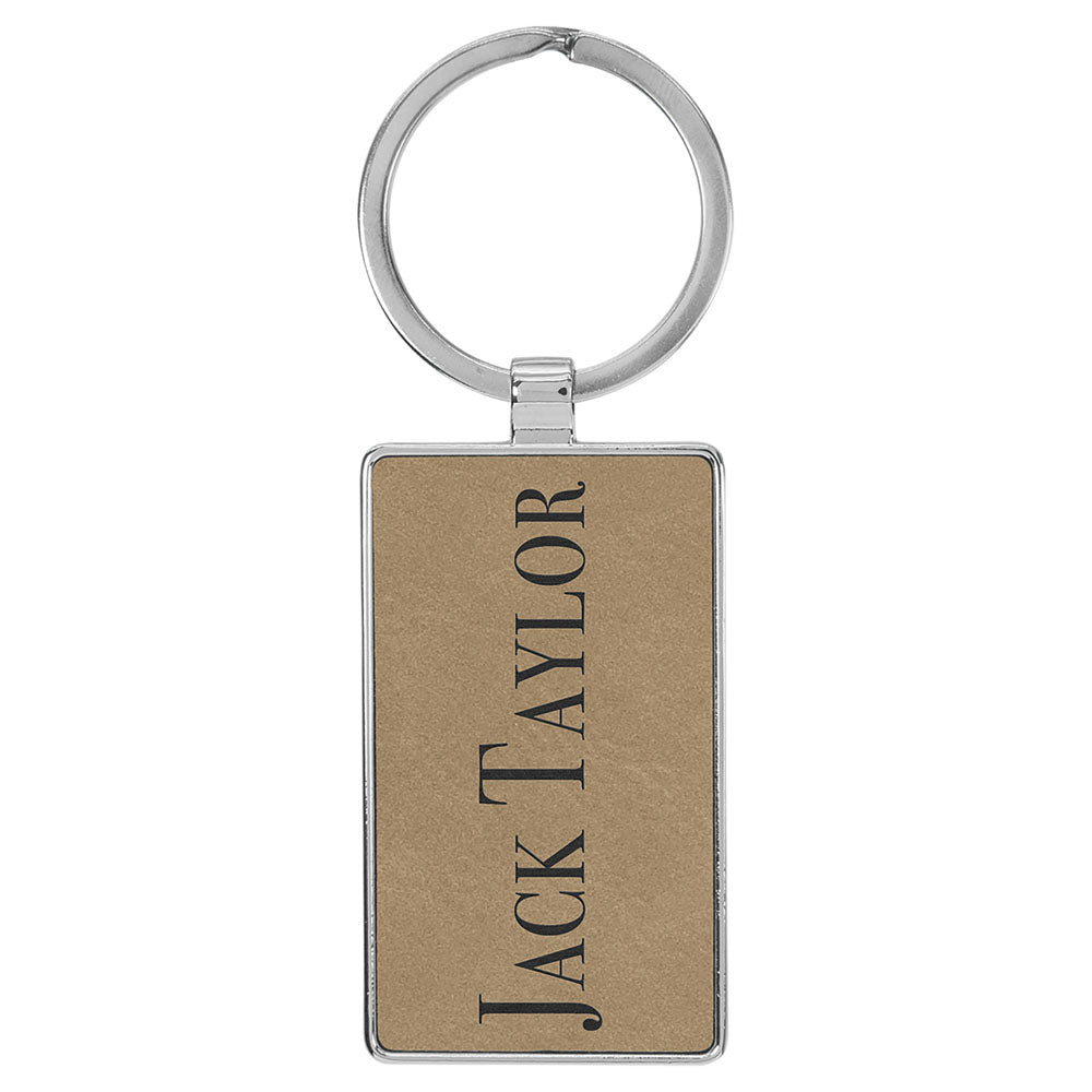 Personalized Laser Engraved 2 3/4" x 1 1/4"  Leatherette/Metal Light Brown Rectangle Keychain