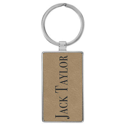 Personalized Laser Engraved 2 3/4" x 1 1/4"  Leatherette/Metal Light Brown Rectangle Keychain