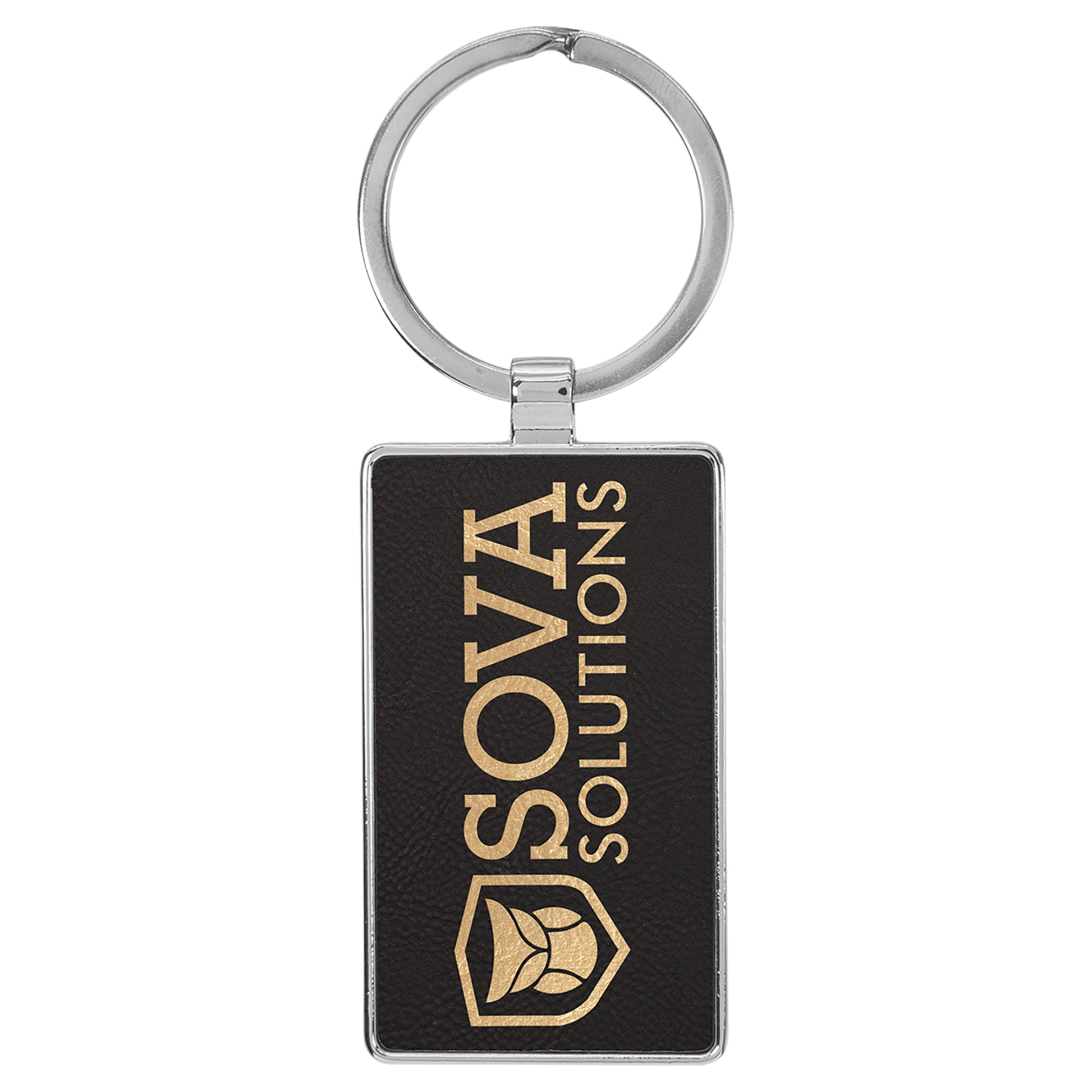  Personalized Laser Engraved 2 3/4" x 1 1/4" Leatherette/Metal Black/Gold Rectangle Keychain