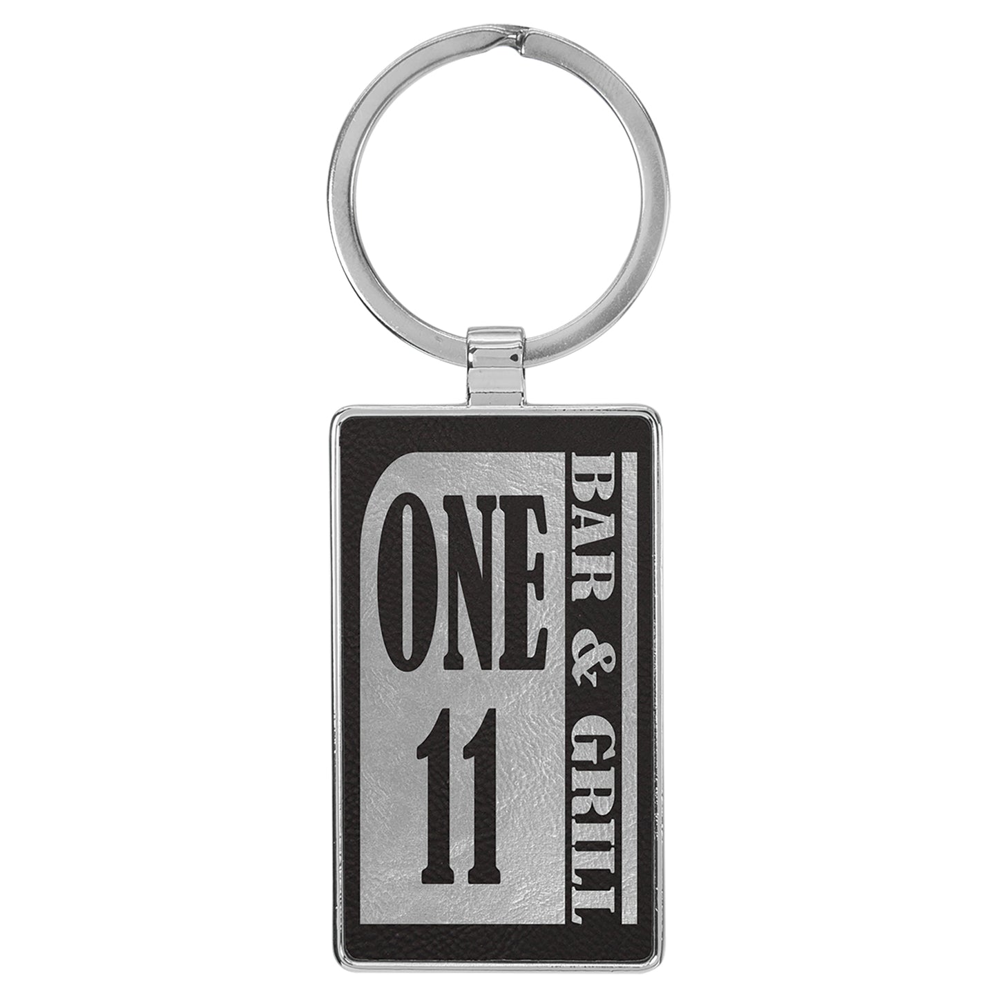  Personalized Laser Engraved 2 3/4" x 1 1/4" Leatherette/Metal Black/Silver Rectangle Keychain