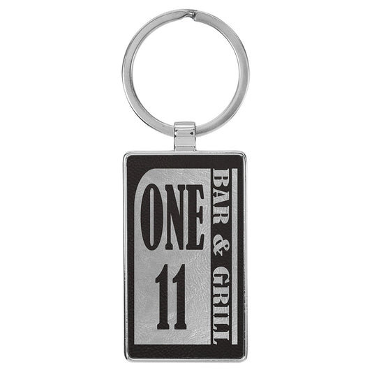 Personalized Laser Engraved 2 3/4" x 1 1/4"  Leatherette/Metal Black/Silver Rectangle Keychain