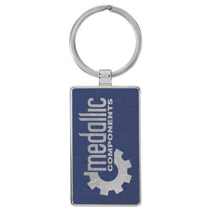  Personalized Laser Engraved 2 3/4" x 1 1/4" Leatherette/Metal Blue/Silver Rectangle Keychain