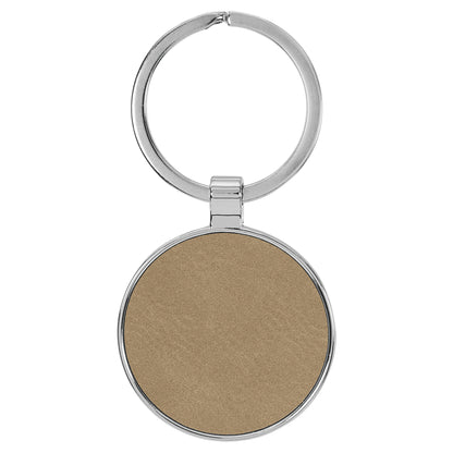 Personalized Laser Engraved 1 1/2" Leatherette/Metal Light Brown Round Keychain