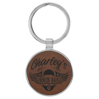  Personalized Laser Engraved 1 1/2" Leatherette/Metal Dark Brown Round Keychain