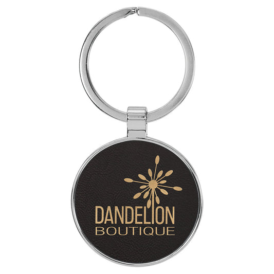  Personalized Laser Engraved 1 1/2" Leatherette/Metal Black/Gold Round Keychain