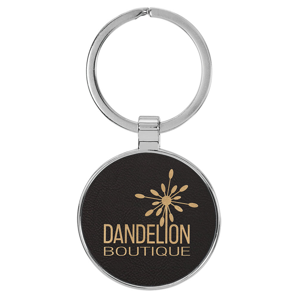 Personalized Laser Engraved 1 1/2"  Leatherette/Metal Black/Gold Round Keychain