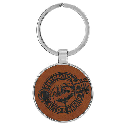  Personalized Laser Engraved 1 1/2" Leatherette/Metal Rawhide Round Keychain