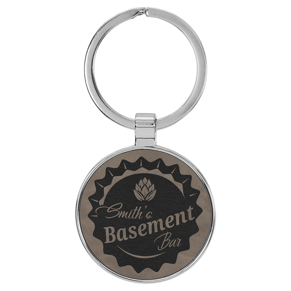  Personalized Laser Engraved 1 1/2" Leatherette/Metal Gray Round Keychain