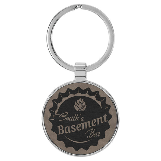  Personalized Laser Engraved 1 1/2" Leatherette/Metal Gray Round Keychain