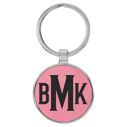  Personalized Laser Engraved 1 1/2" Leatherette/Metal Pink Round Keychain