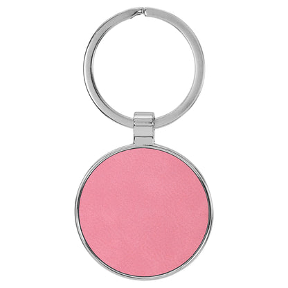 Personalized Laser Engraved 1 1/2" Leatherette/Metal Pink Round Keychain