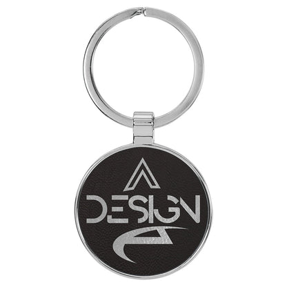  Personalized Laser Engraved 1 1/2" Leatherette/Metal Black/Silver Round Keychain