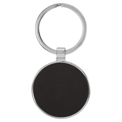 Personalized Laser Engraved 1 1/2"  Leatherette/Metal Black/Silver Round Keychain