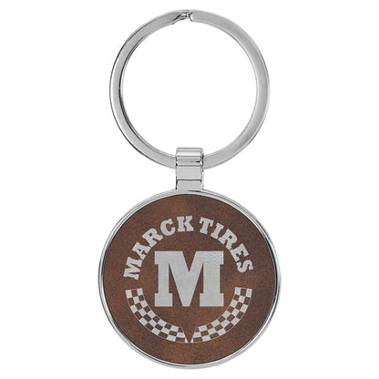  Personalized Laser Engraved 1 1/2" Leatherette/Metal Rustic/Silver Round Keychain