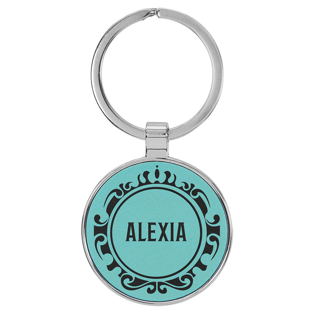  Personalized Laser Engraved 1 1/2" Leatherette/Metal Teal Round Keychain