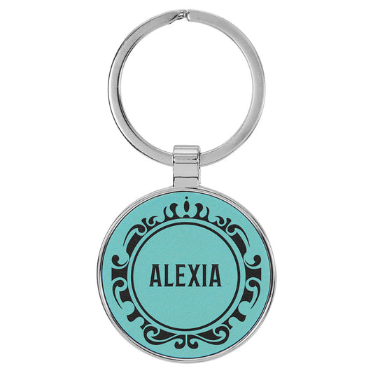  Personalized Laser Engraved 1 1/2" Leatherette/Metal Teal Round Keychain