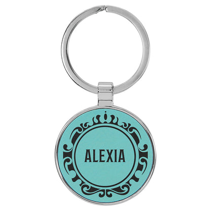 Personalized Laser Engraved 1 1/2"  Leatherette/Metal Teal Round Keychain