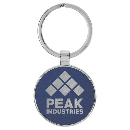  Personalized Laser Engraved 1 1/2" Leatherette/Metal Blue/Silver Round Keychain