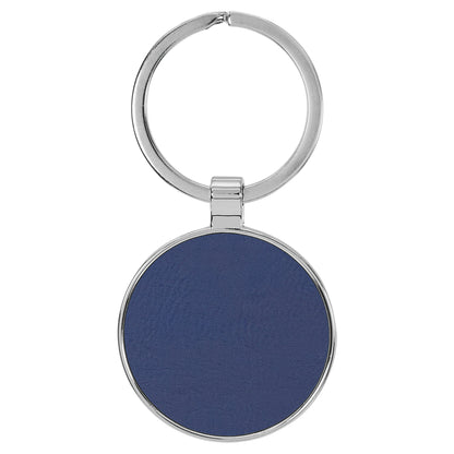 Personalized Laser Engraved 1 1/2" Leatherette/Metal Blue/Silver Round Keychain