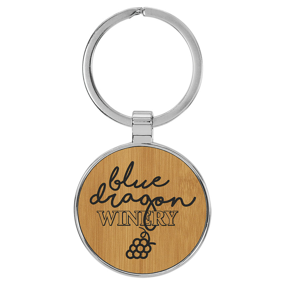  Personalized Laser Engraved 1 1/2" Leatherette/Metal Bamboo Round Keychain