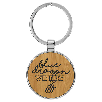  Personalized Laser Engraved 1 1/2" Leatherette/Metal Bamboo Round Keychain