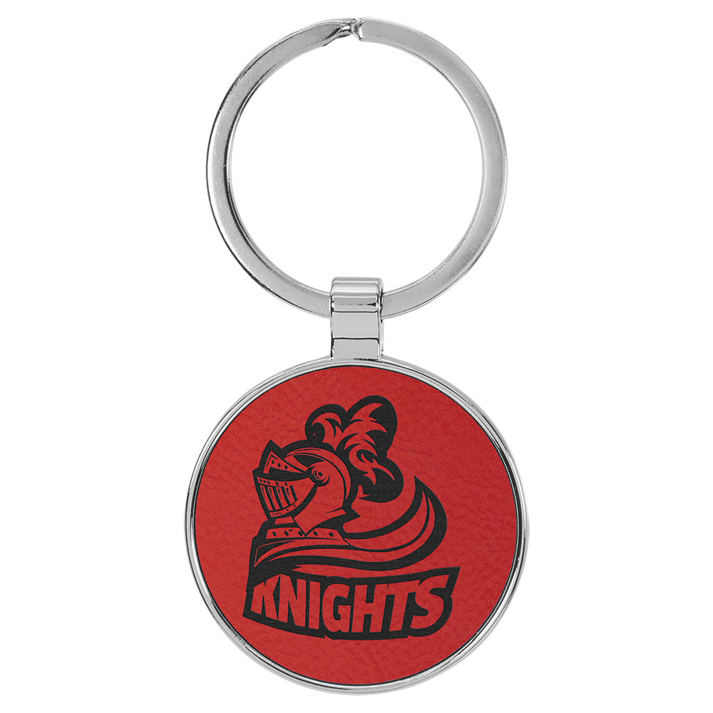  Personalized Laser Engraved 1 1/2" Leatherette/Metal Red Round Keychain