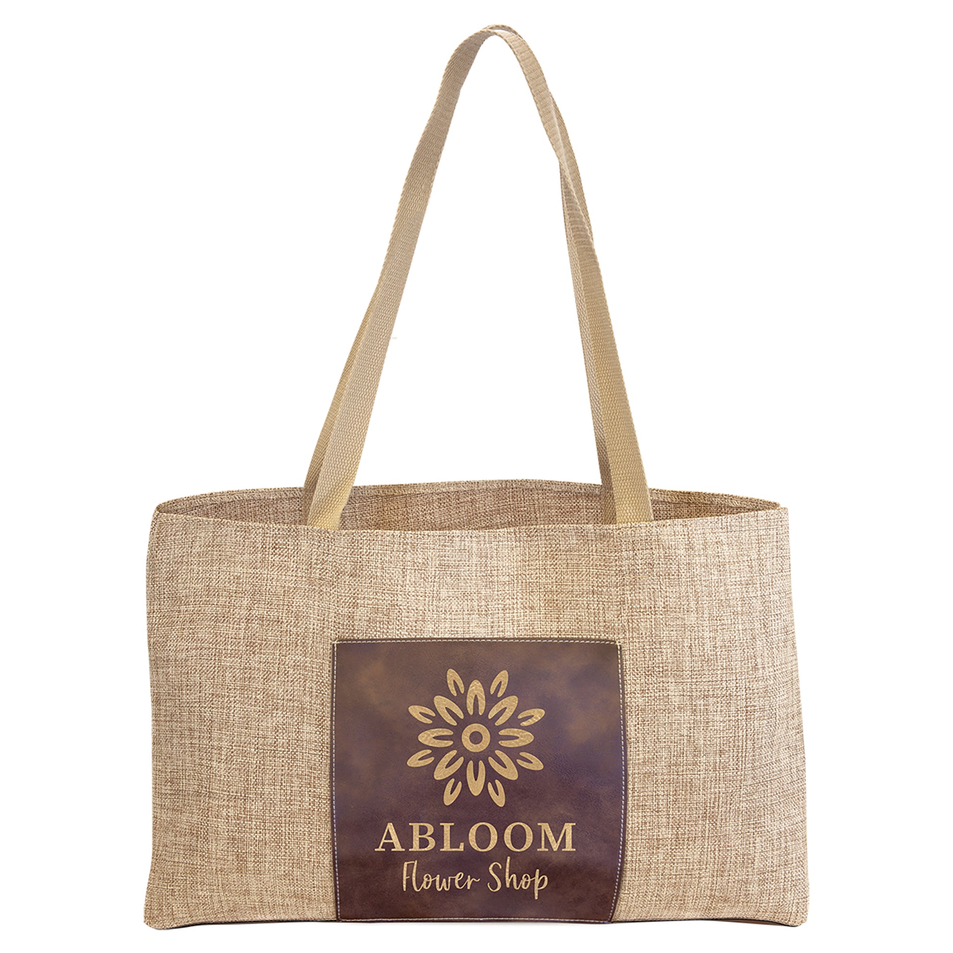  Personalized Laser Engraved 19" x 12" Burlap Bag with 5" Rustic/Gold Leatherette Gusset