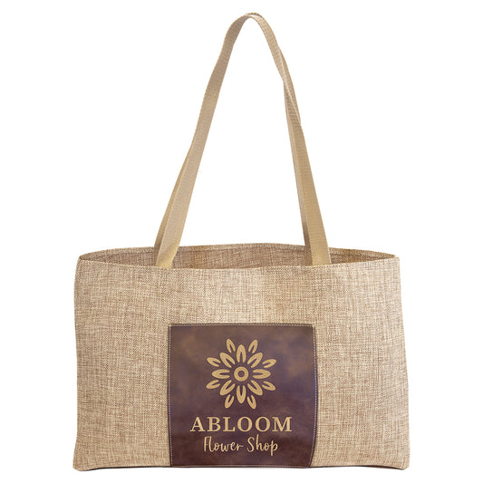  Personalized Laser Engraved 19" x 12" Burlap Bag with 5" Rustic/Gold Leatherette Gusset