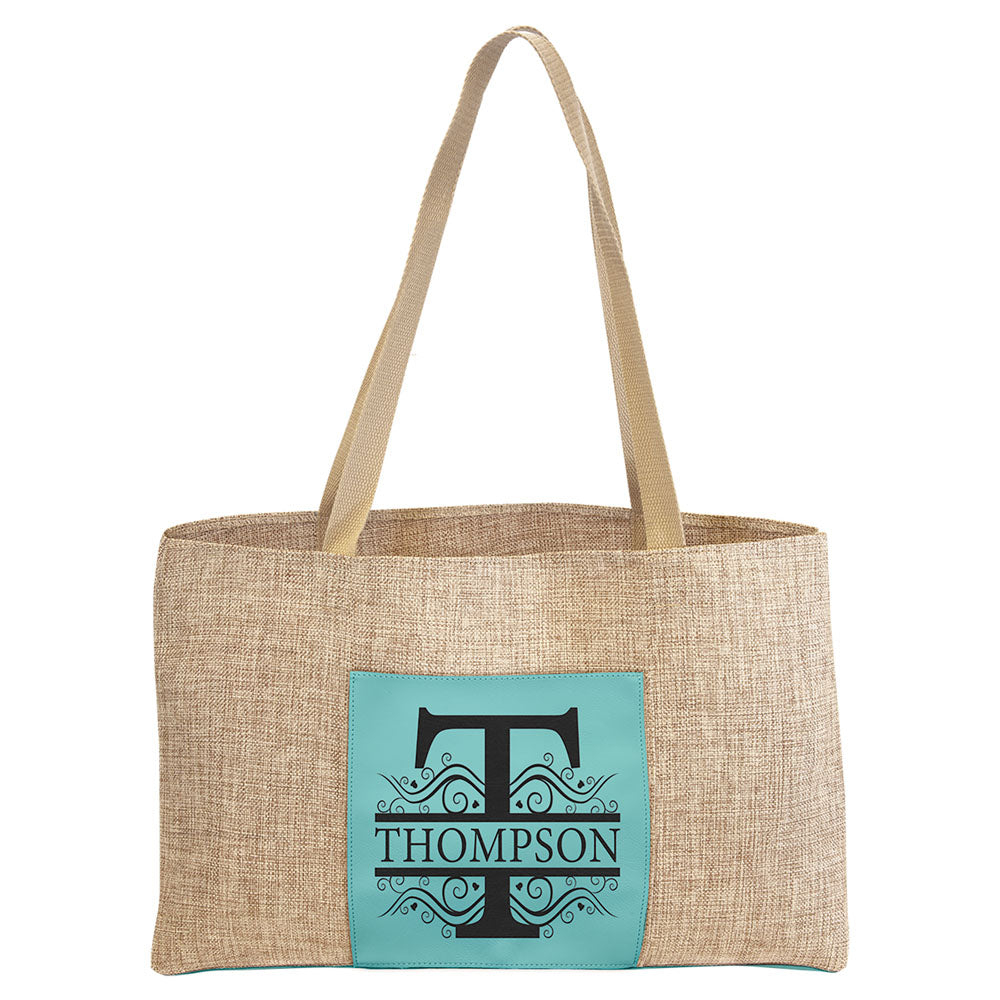  Personalized Laser Engraved 19" x 12" Burlap Bag with 5" Teal Leatherette Gusset