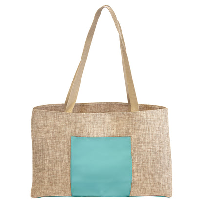 Personalized Laser Engraved 19" x 12" Burlap Bag with 5" Teal Leatherette Gusset