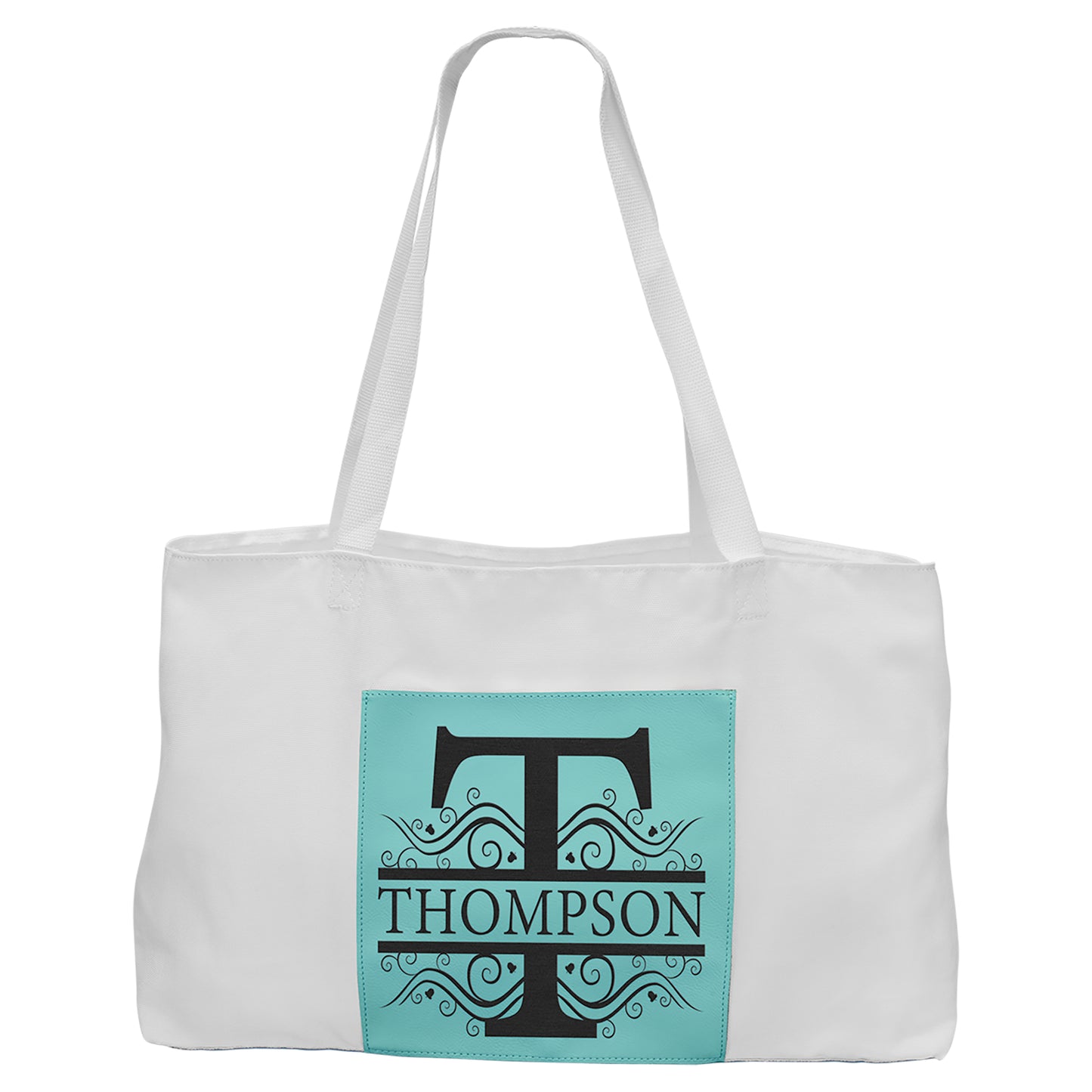  Personalized Laser Engraved 19" x 12" White Bag with 5" Teal Leatherette Gusset