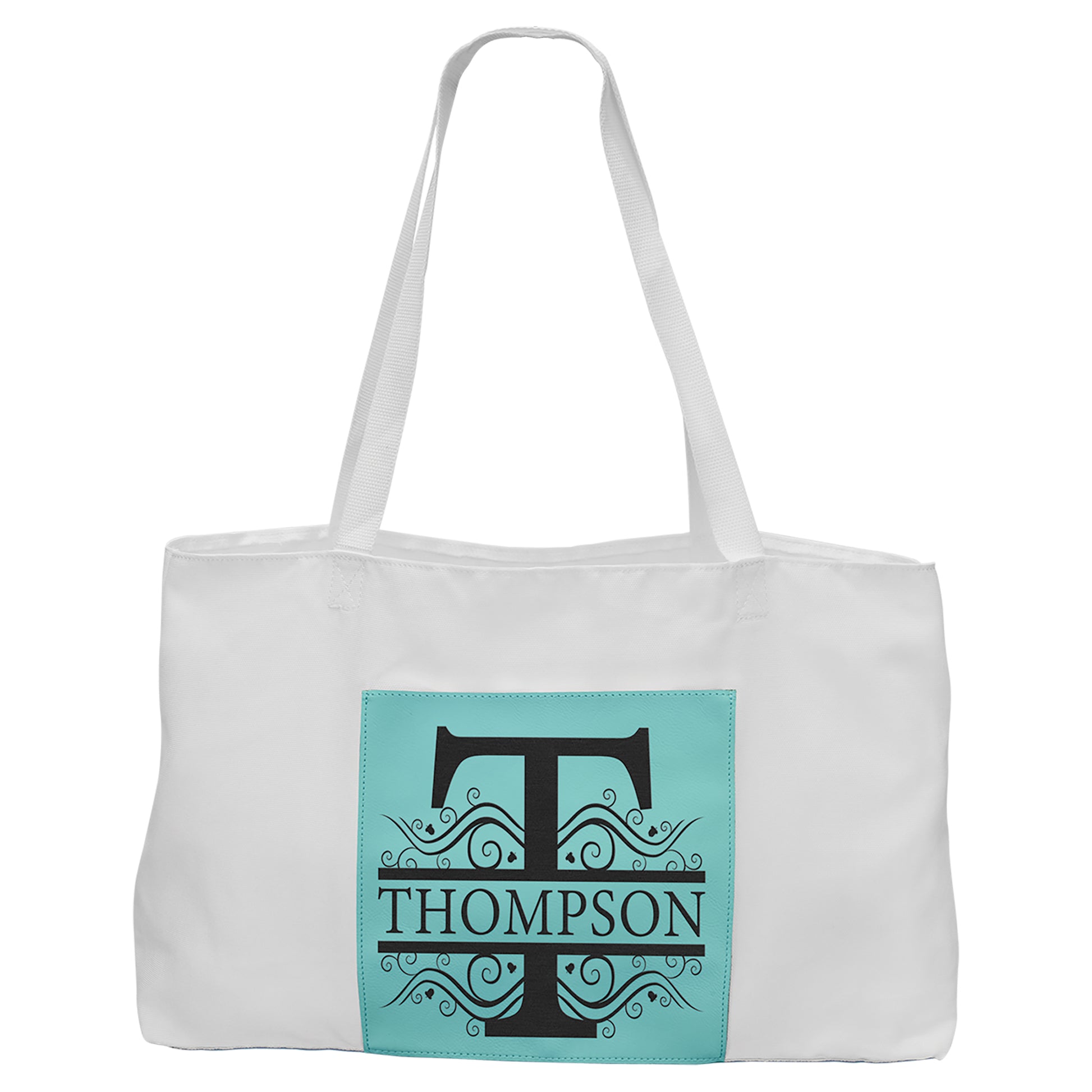  Personalized Laser Engraved 19" x 12" White Bag with 5" Teal Leatherette Gusset